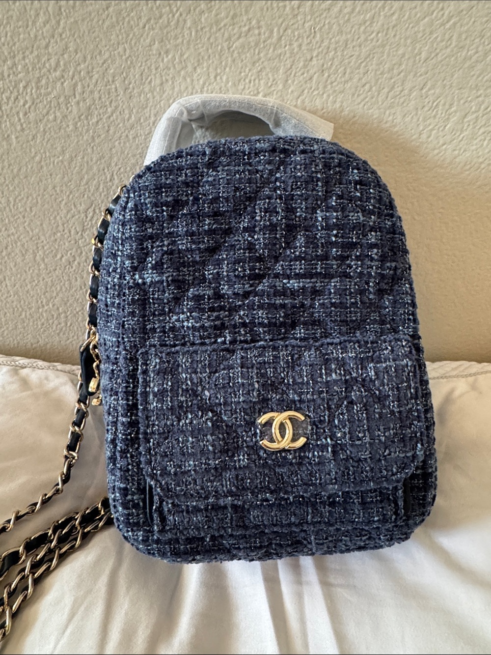 CHANEL Dark Blue Tweed Mini Backpack with Gold CC Emblem